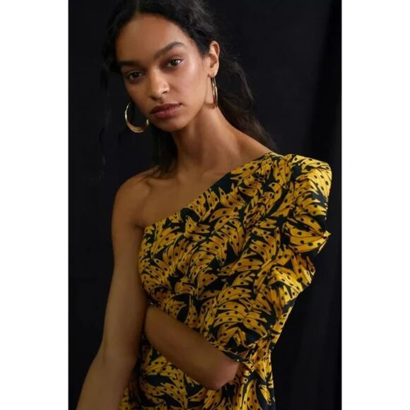 FARM Rio One Shoulder Banana Print Tiered Midi Dress – Size Large- Dyed by sun - Picture 2 of 8